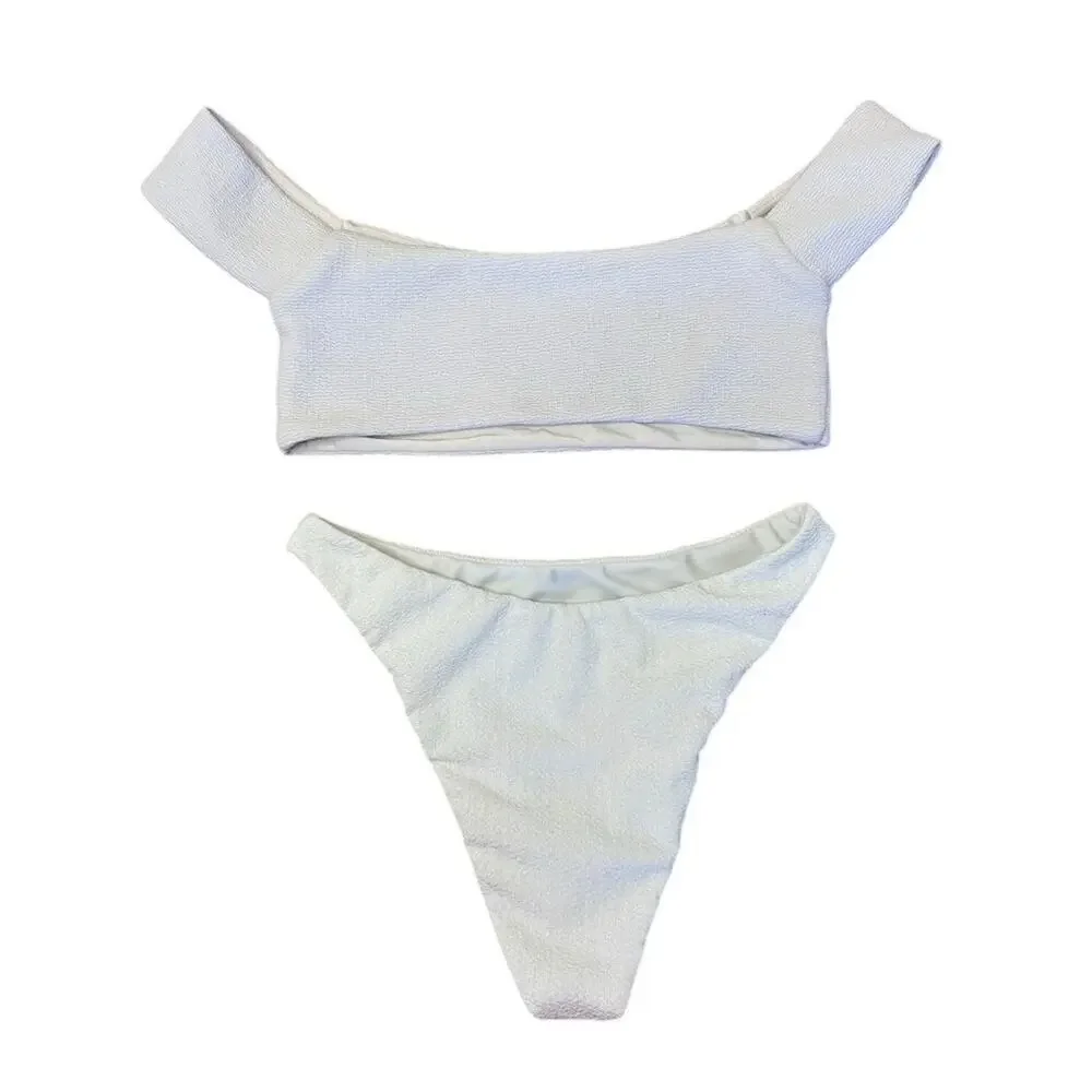 LOVERS + FRIENDS Tess Off The Shoulder High Waist Bottoms Textured Bikini Set S - Picture 3 of 9
